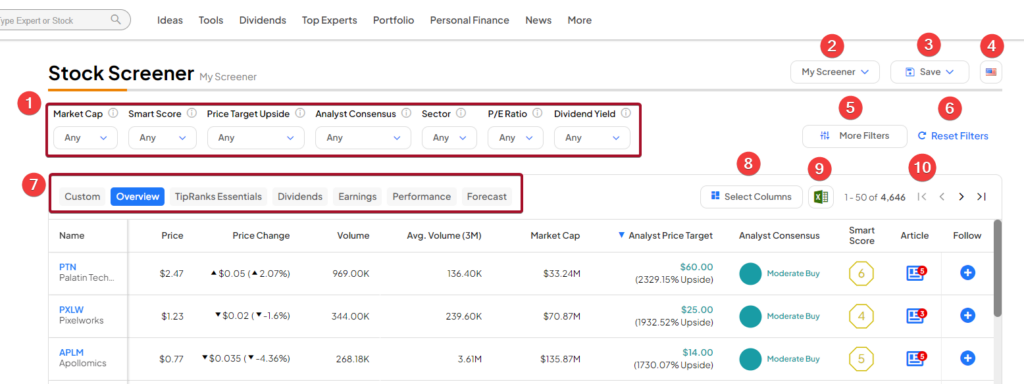 Stock Screener elements 