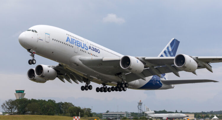 An Airbus jet taking off.