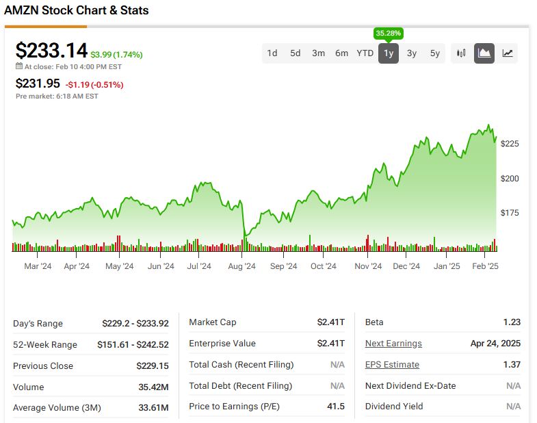 Amazon (AMZN) Price action over the past 12 months including company metrics such as P/E ratio