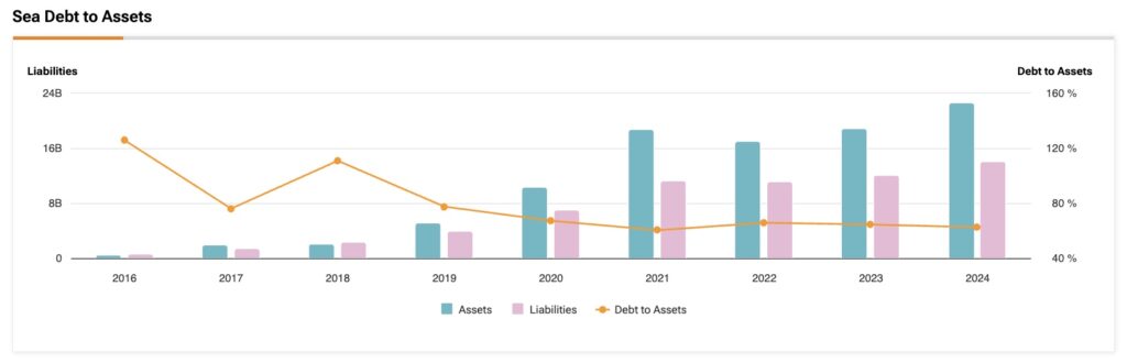 Sea (SE) balance sheet showing assets, liabilities and debt-to-assets